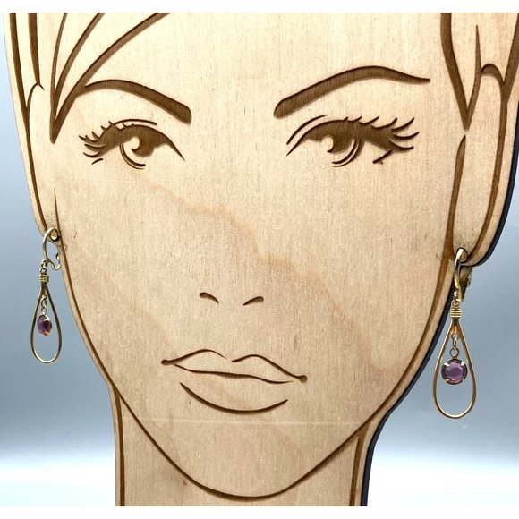 Vintage Teardrop Dangle Earrings with Purple Bezel Set Crystal Drop in Gold Tone - Picture 4 of 5